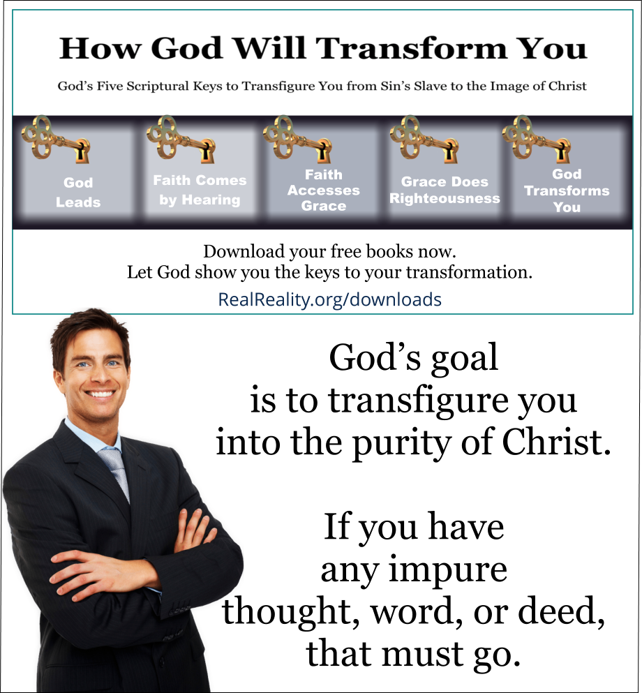 God’s goal is to transfigure you into the purity of Christ. If you have any impure thought, word, or deed, that must go.  (Quote from https://realreality.org/downloads/how-god-will-transform-you/)