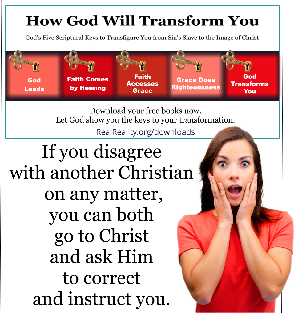 If you disagree with another Christian on any matter, you can both go to Christ and ask Him to correct and instruct you.  (Quote from https://realreality.org/downloads/how-god-will-transform-you/)